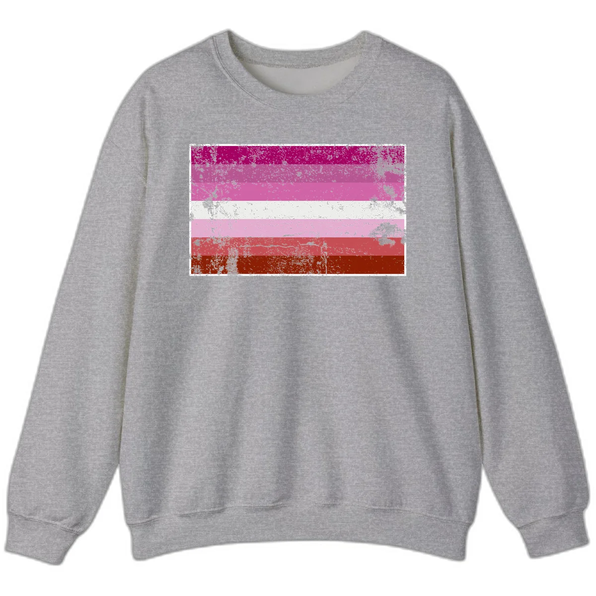 Distressed lesbian pride flag with seven horizontal stripes in magenta, pink, white, and red tones with grunge texture overlay in Sport Grey