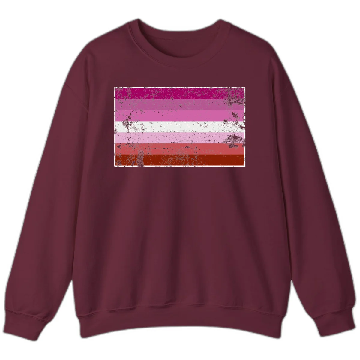 Distressed lesbian pride flag with seven horizontal stripes in magenta, pink, white, and red tones with grunge texture overlay in Maroon