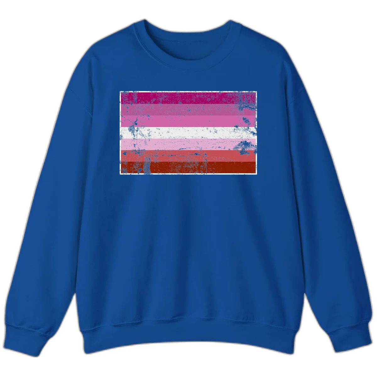 Distressed lesbian pride flag with seven horizontal stripes in magenta, pink, white, and red tones with grunge texture overlay in Royal