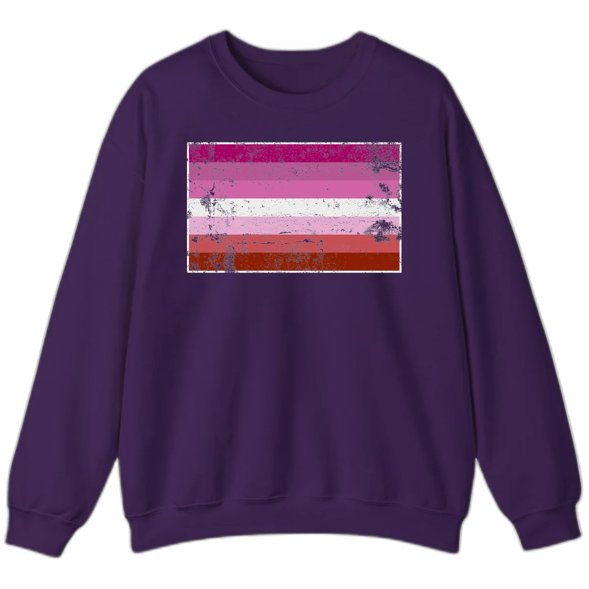 Distressed lesbian pride flag with seven horizontal stripes in magenta, pink, white, and red tones with grunge texture overlay in Purple