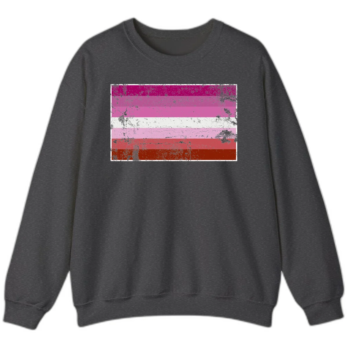 Distressed lesbian pride flag with seven horizontal stripes in magenta, pink, white, and red tones with grunge texture overlay in Dark Heather