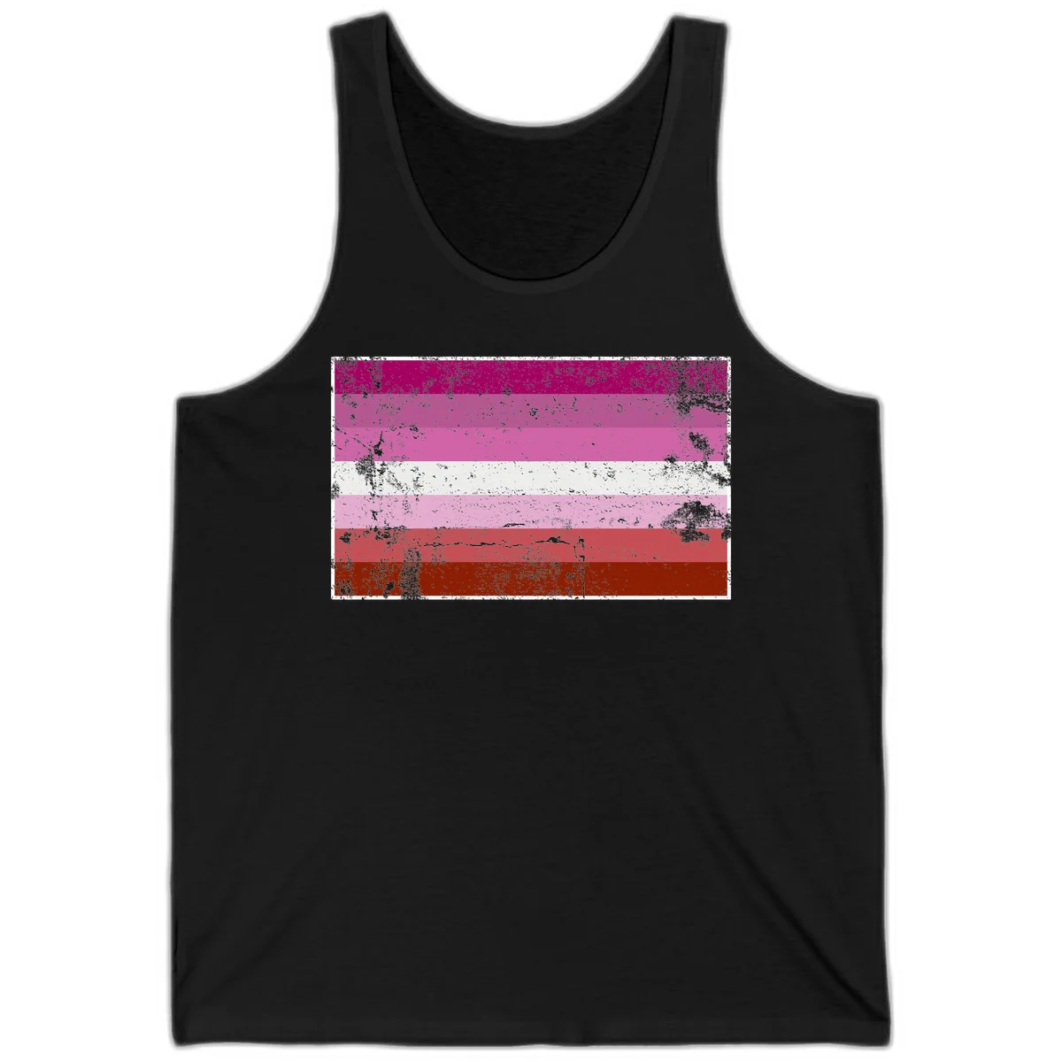 Distressed lesbian pride flag with seven horizontal stripes in magenta, pink, white, and red tones with grunge texture overlay in Black