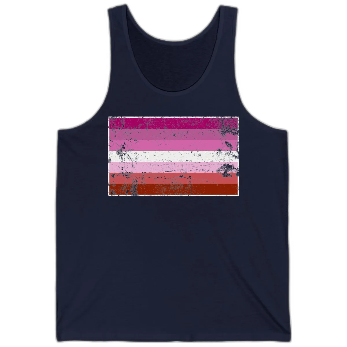 Distressed lesbian pride flag with seven horizontal stripes in magenta, pink, white, and red tones with grunge texture overlay in Navy