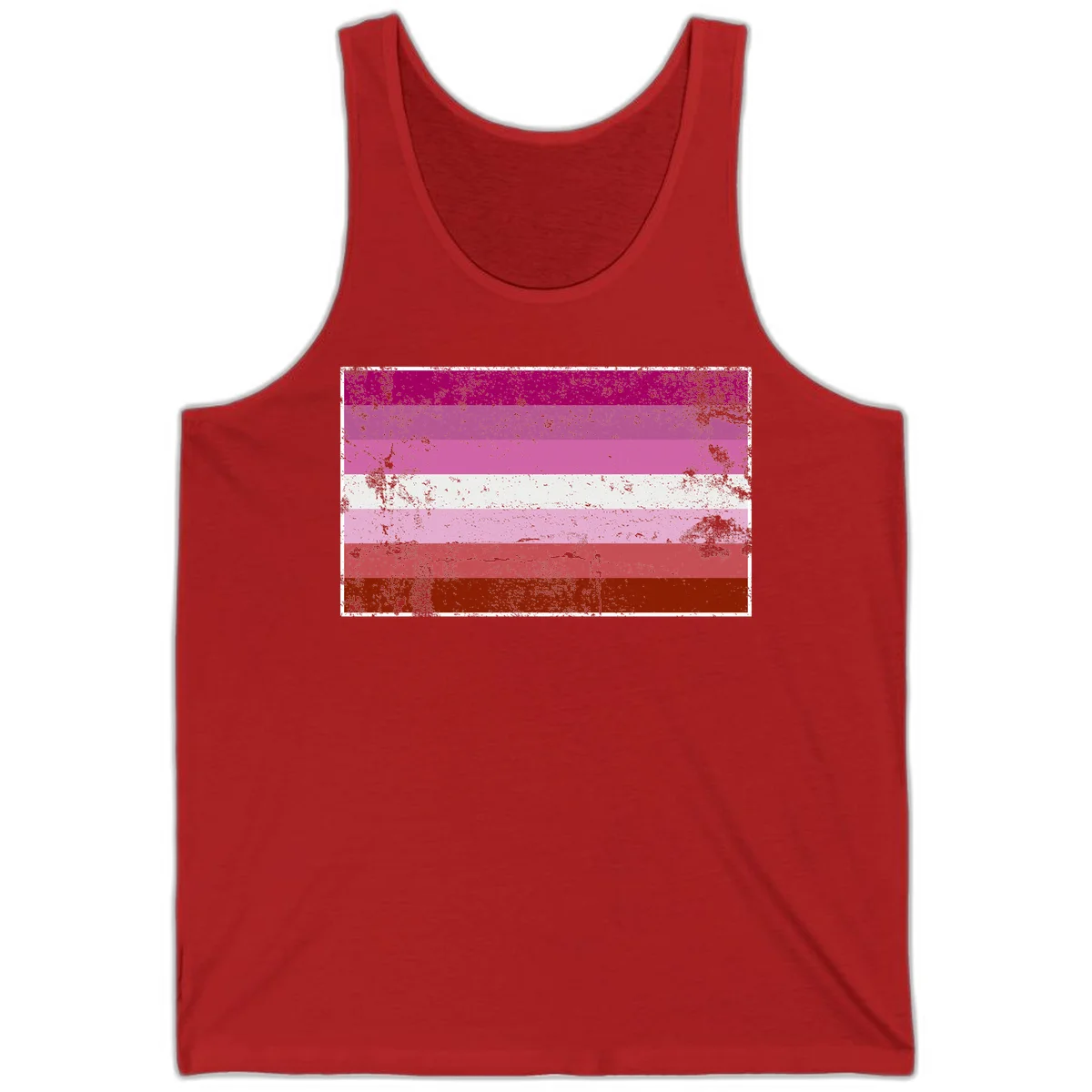 Distressed lesbian pride flag with seven horizontal stripes in magenta, pink, white, and red tones with grunge texture overlay in Red