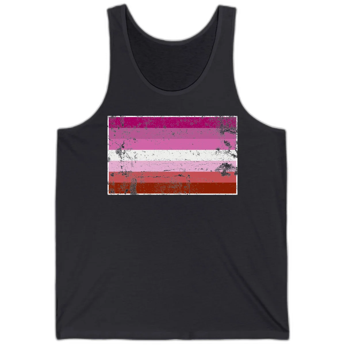 Distressed lesbian pride flag with seven horizontal stripes in magenta, pink, white, and red tones with grunge texture overlay in Dark Grey