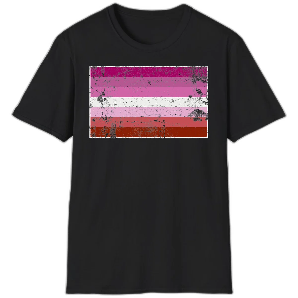 Distressed lesbian pride flag with seven horizontal stripes in magenta, pink, white, and red tones with grunge texture overlay in Black