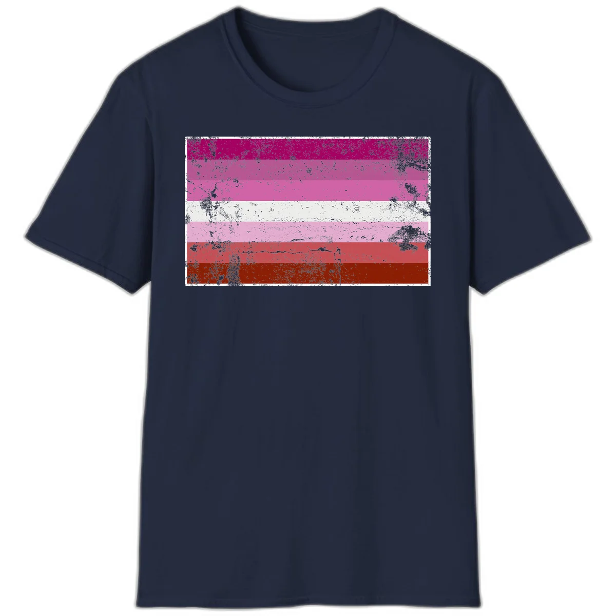 Distressed lesbian pride flag with seven horizontal stripes in magenta, pink, white, and red tones with grunge texture overlay in Navy