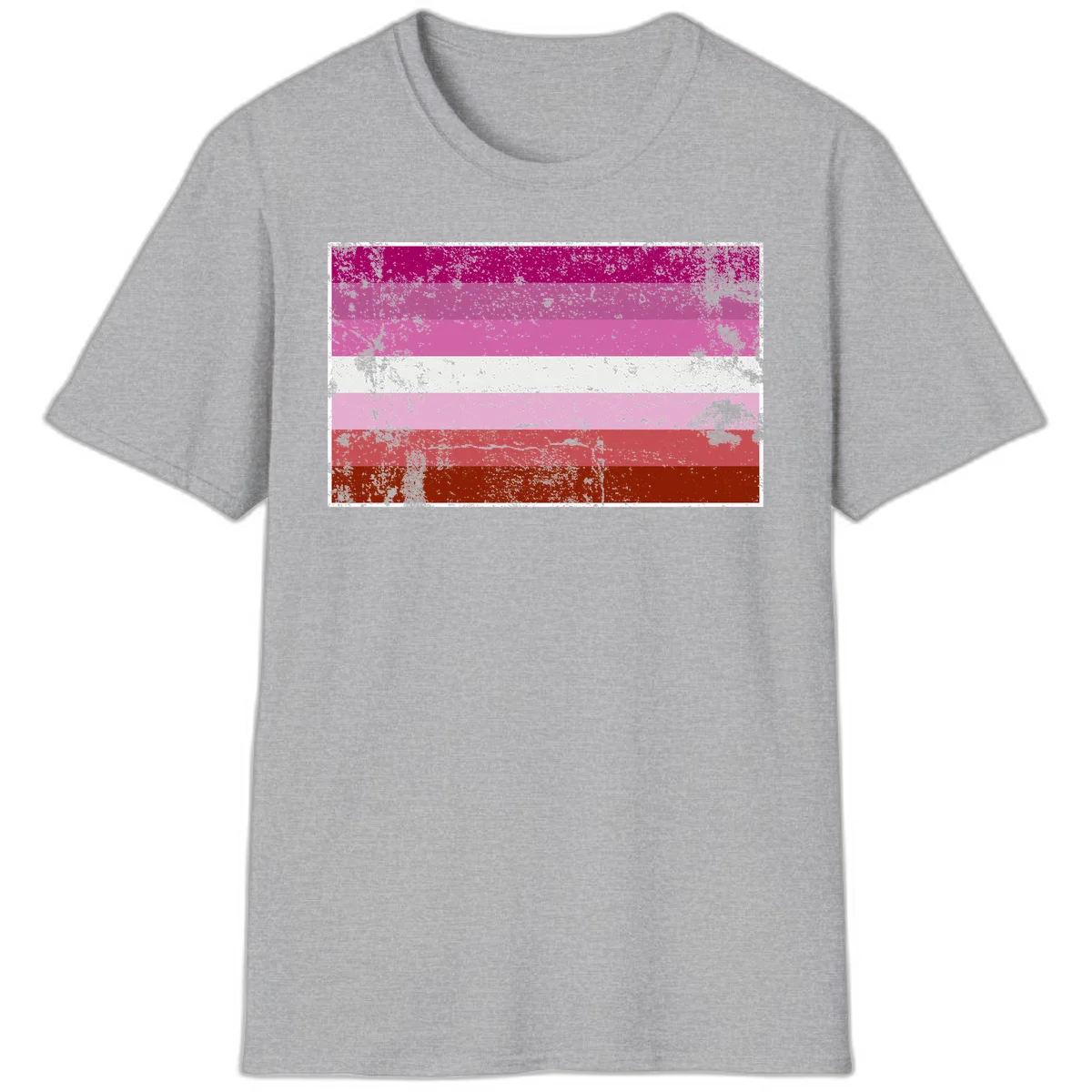 Distressed lesbian pride flag with seven horizontal stripes in magenta, pink, white, and red tones with grunge texture overlay in Sport Grey