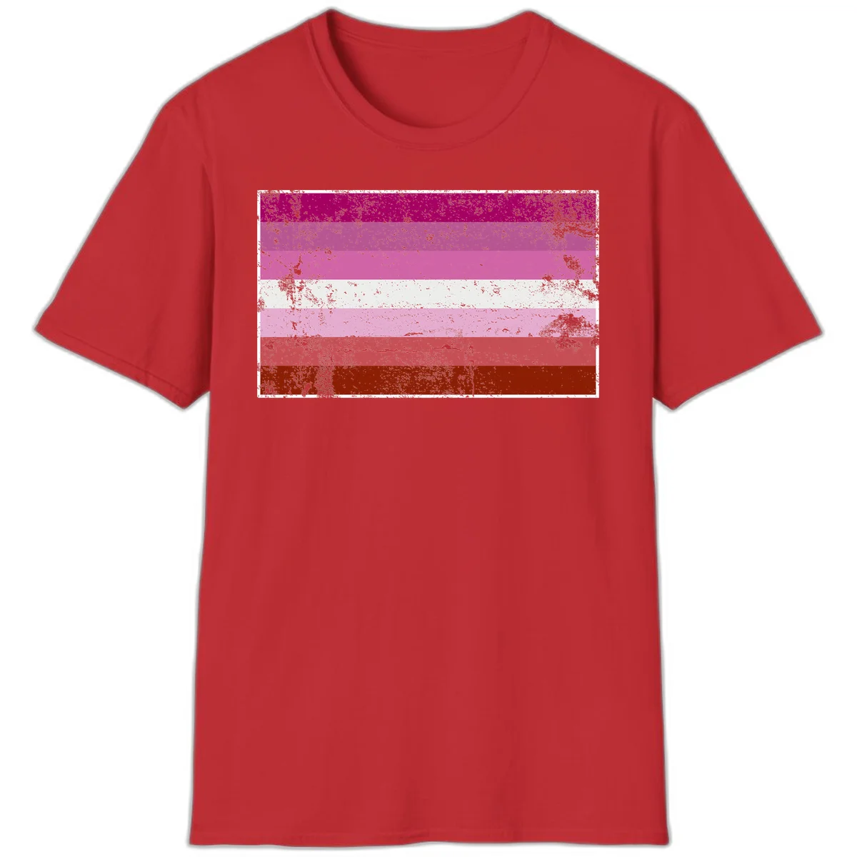 Distressed lesbian pride flag with seven horizontal stripes in magenta, pink, white, and red tones with grunge texture overlay in Red