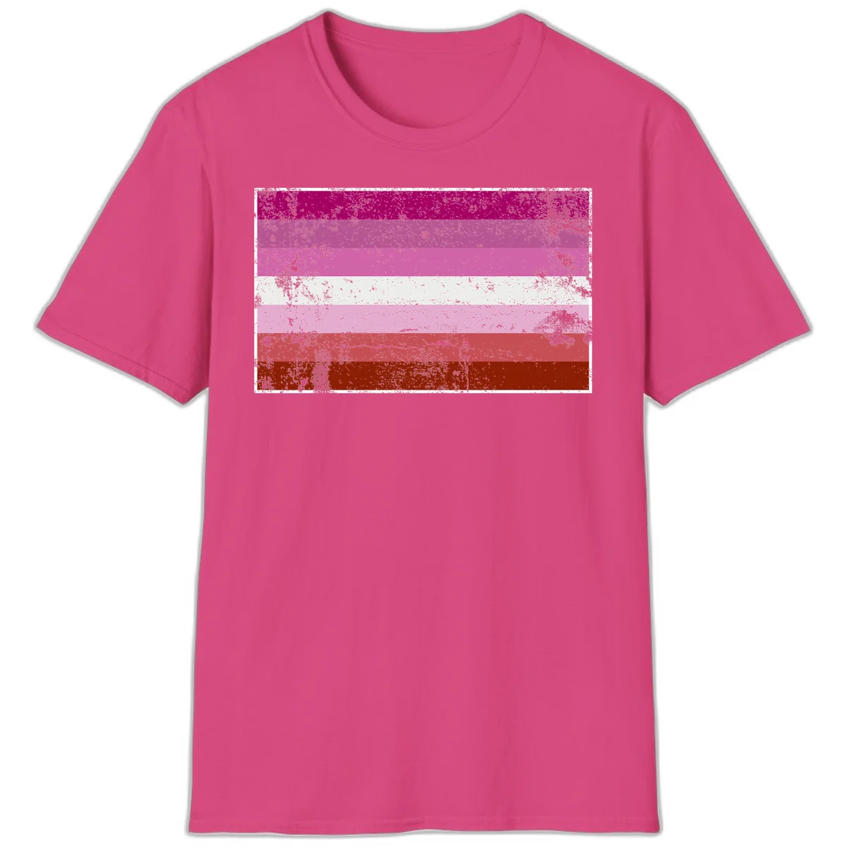 Distressed lesbian pride flag with seven horizontal stripes in magenta, pink, white, and red tones with grunge texture overlay in Heliconia