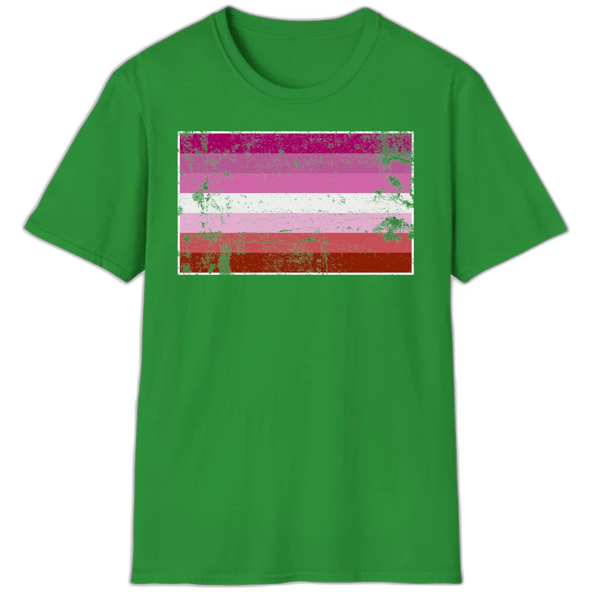 Distressed lesbian pride flag with seven horizontal stripes in magenta, pink, white, and red tones with grunge texture overlay in Irish Green
