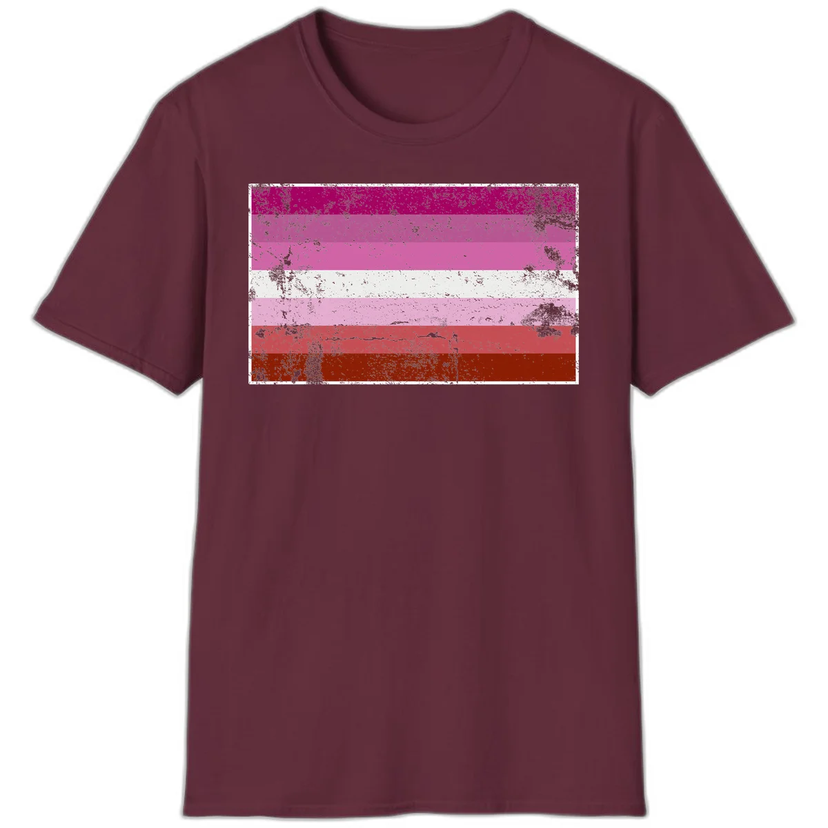 Distressed lesbian pride flag with seven horizontal stripes in magenta, pink, white, and red tones with grunge texture overlay in Maroon