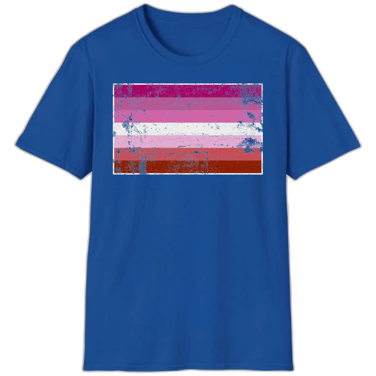 Distressed lesbian pride flag with seven horizontal stripes in magenta, pink, white, and red tones with grunge texture overlay in Royal