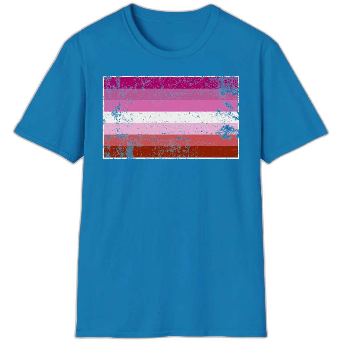 Distressed lesbian pride flag with seven horizontal stripes in magenta, pink, white, and red tones with grunge texture overlay in Sapphire