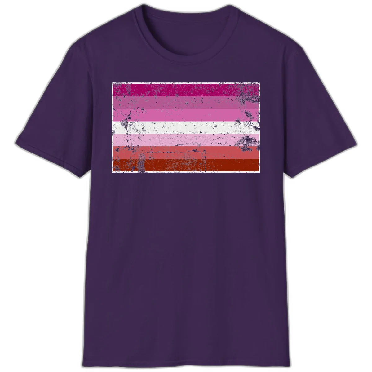 Distressed lesbian pride flag with seven horizontal stripes in magenta, pink, white, and red tones with grunge texture overlay in Purple