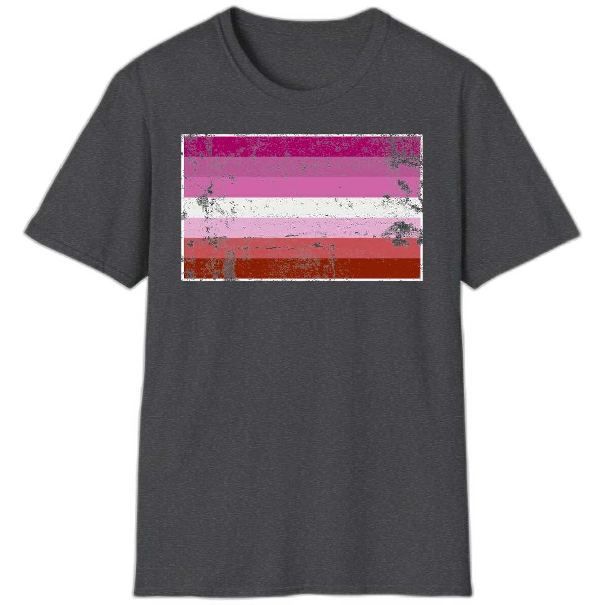 Distressed lesbian pride flag with seven horizontal stripes in magenta, pink, white, and red tones with grunge texture overlay in Dark Heather