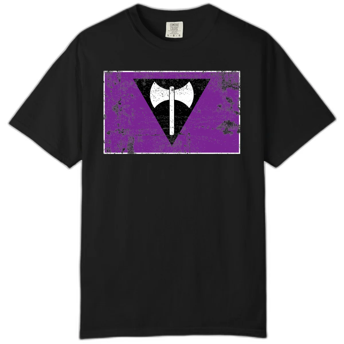 White double-headed axe on vertical cross against black inverted triangle on distressed purple grunge background in Black