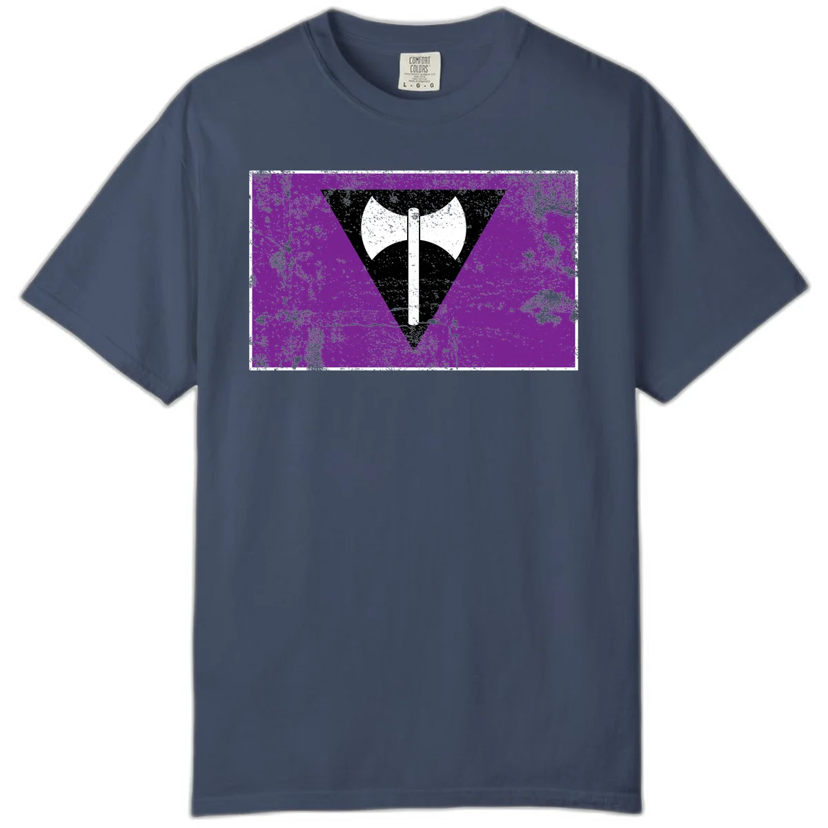 White double-headed axe on vertical cross against black inverted triangle on distressed purple grunge background in Midnight