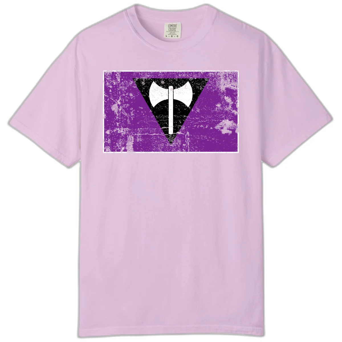 White double-headed axe on vertical cross against black inverted triangle on distressed purple grunge background in Orchid