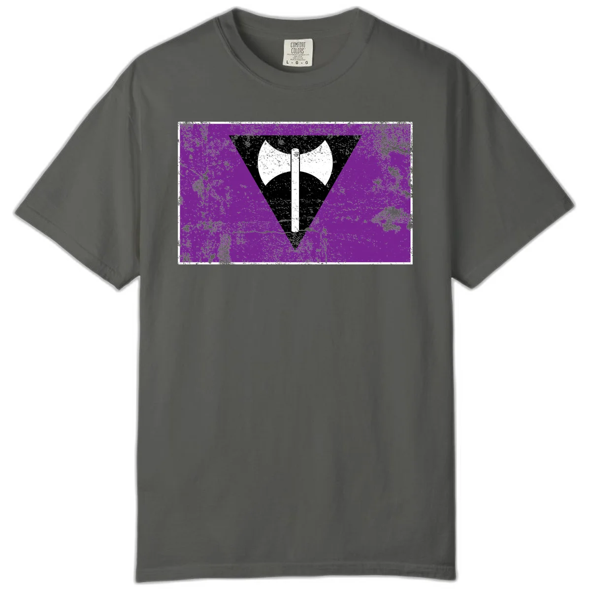 White double-headed axe on vertical cross against black inverted triangle on distressed purple grunge background in Pepper