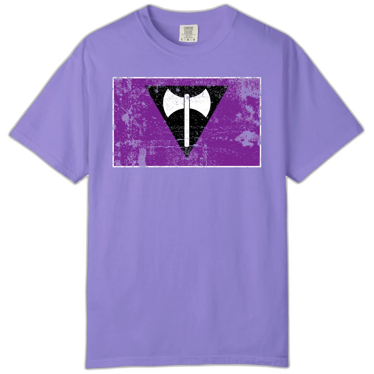 White double-headed axe on vertical cross against black inverted triangle on distressed purple grunge background in Violet