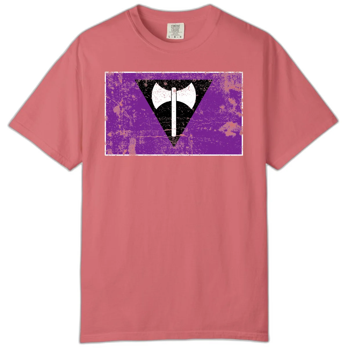White double-headed axe on vertical cross against black inverted triangle on distressed purple grunge background in Watermelon