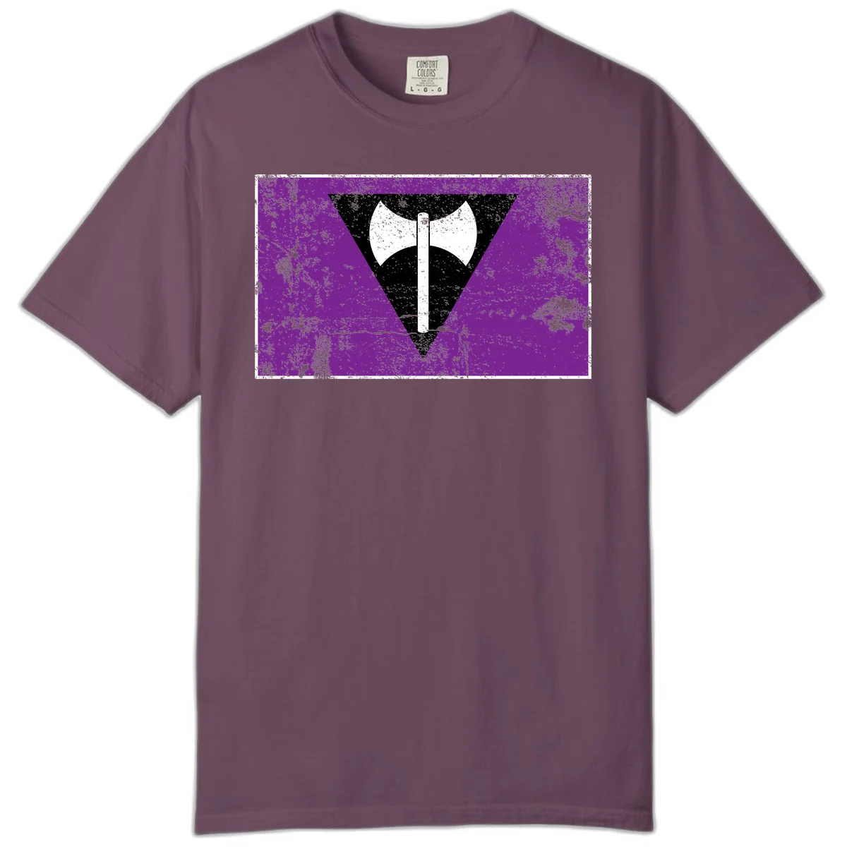White double-headed axe on vertical cross against black inverted triangle on distressed purple grunge background in Berry