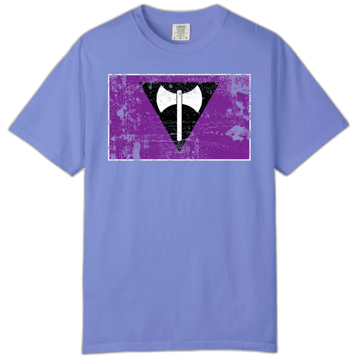 White double-headed axe on vertical cross against black inverted triangle on distressed purple grunge background in Flo Blue