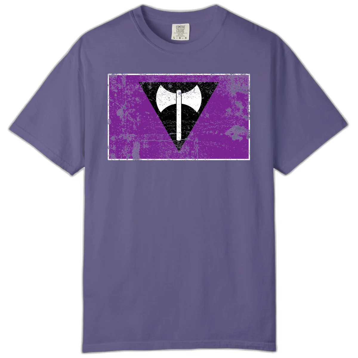 White double-headed axe on vertical cross against black inverted triangle on distressed purple grunge background in Grape