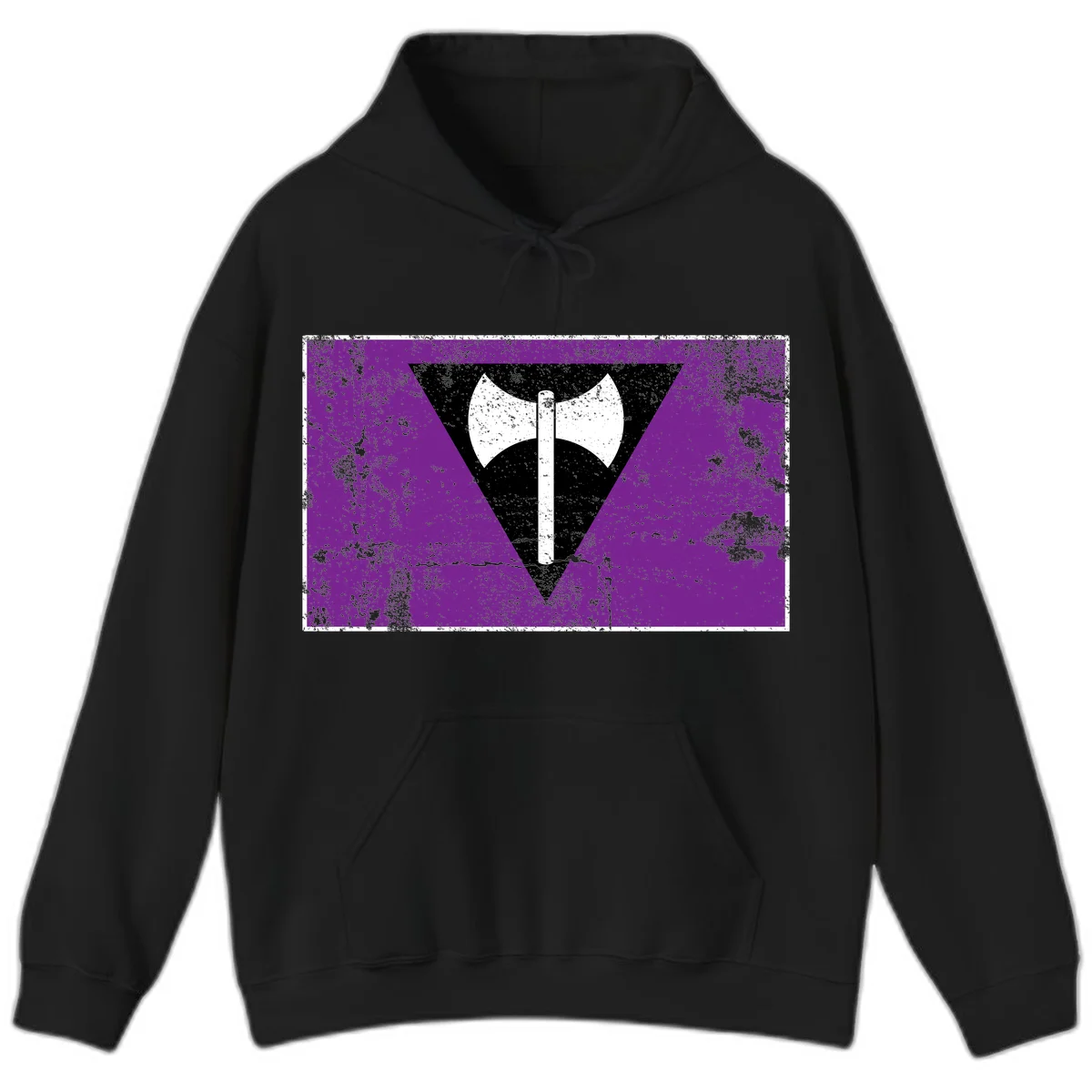 White double-headed axe on vertical cross against black inverted triangle on distressed purple grunge background in Black