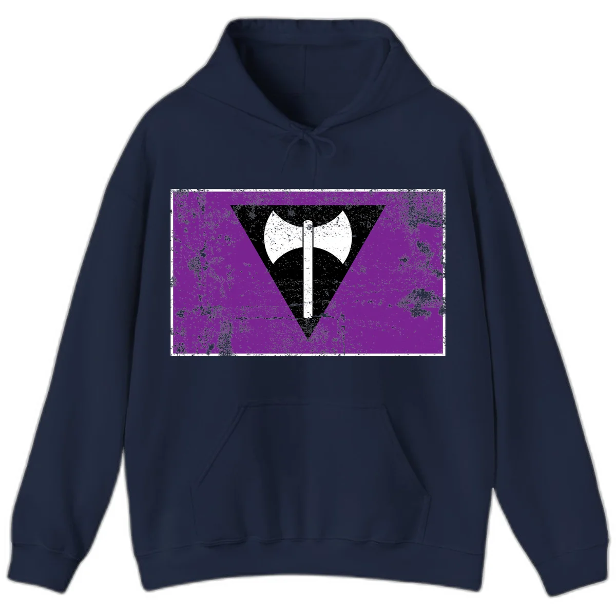 White double-headed axe on vertical cross against black inverted triangle on distressed purple grunge background in Navy