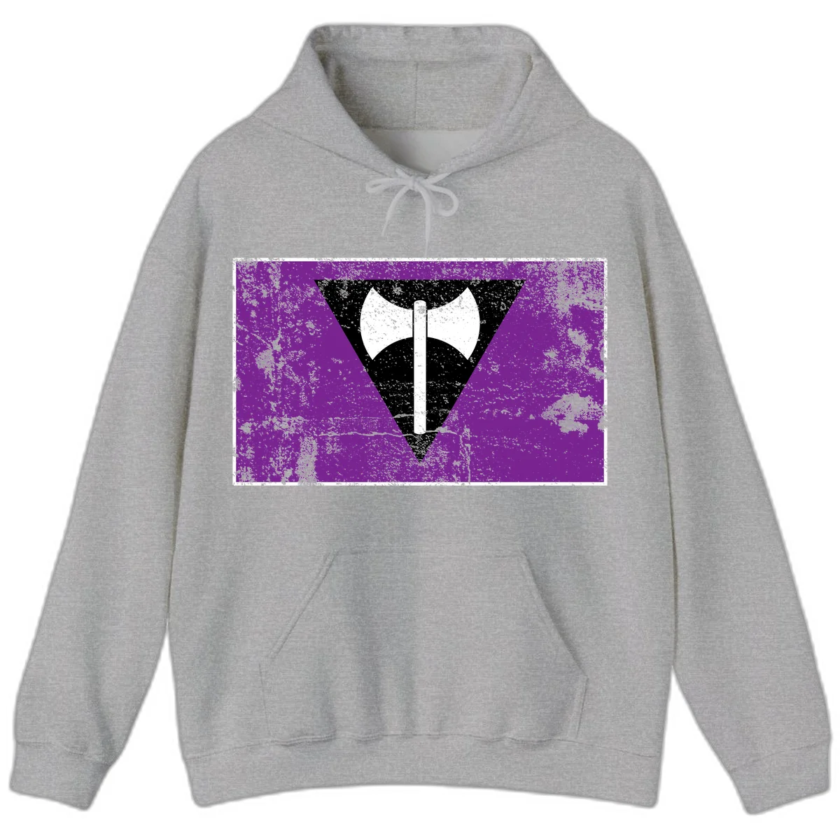 White double-headed axe on vertical cross against black inverted triangle on distressed purple grunge background in Sport Grey