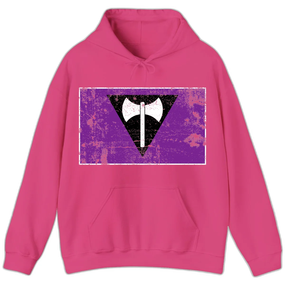 White double-headed axe on vertical cross against black inverted triangle on distressed purple grunge background in Heliconia