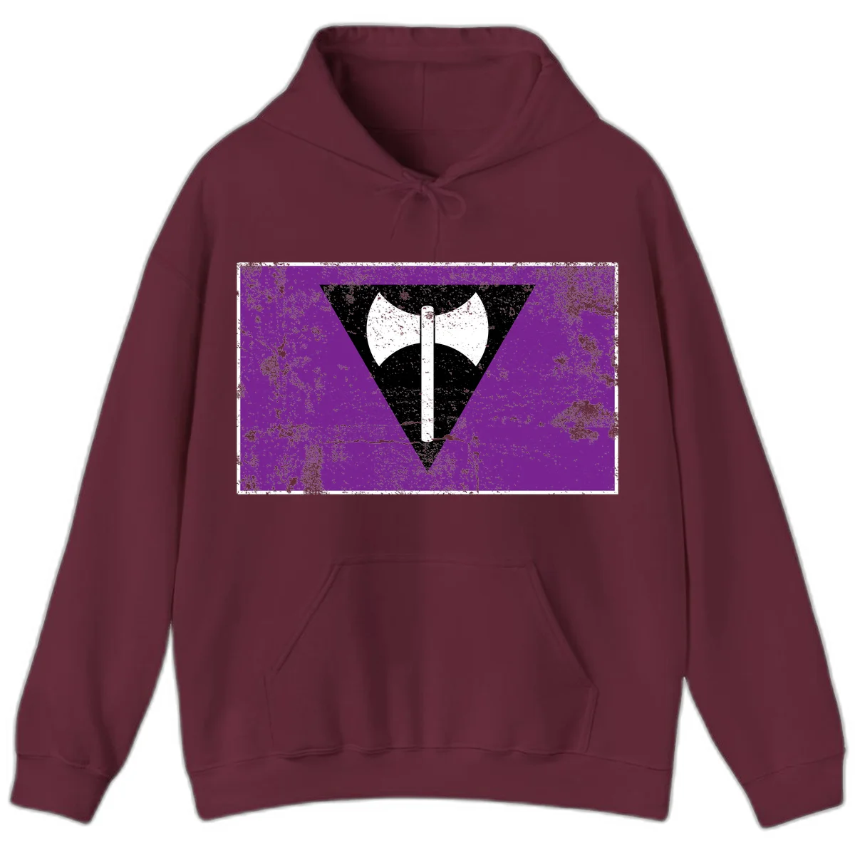 White double-headed axe on vertical cross against black inverted triangle on distressed purple grunge background in Maroon