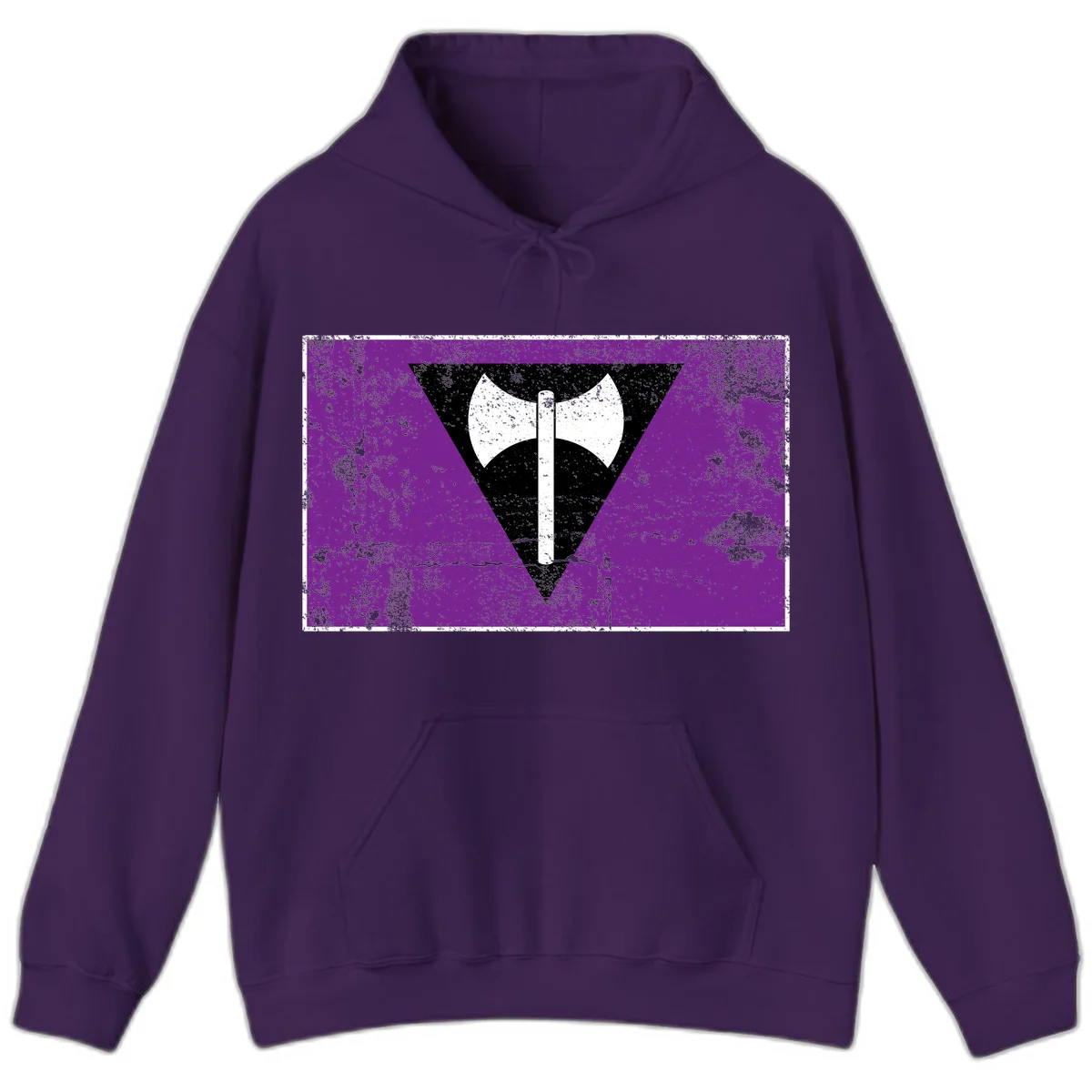 White double-headed axe on vertical cross against black inverted triangle on distressed purple grunge background in Purple