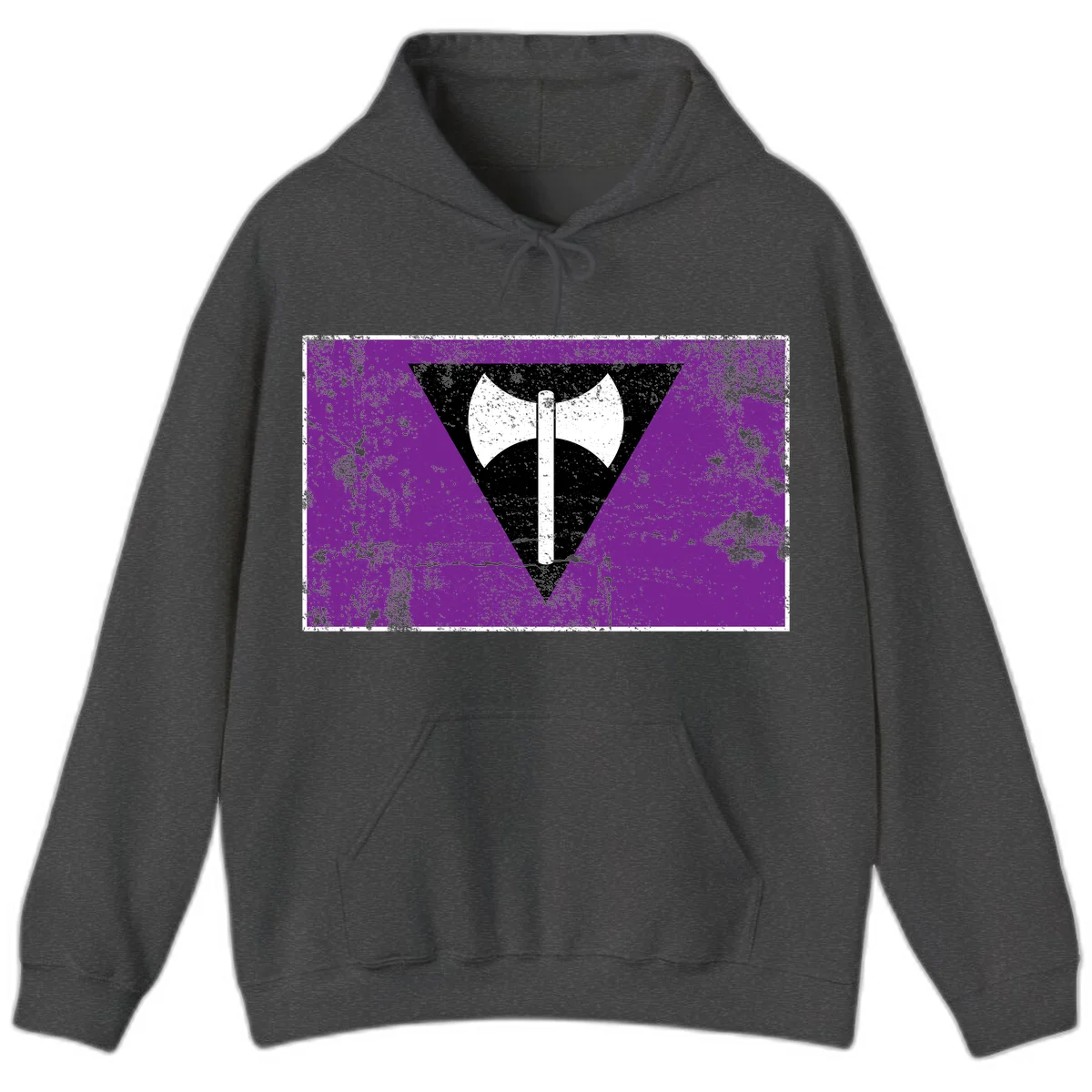 White double-headed axe on vertical cross against black inverted triangle on distressed purple grunge background in Dark Heather