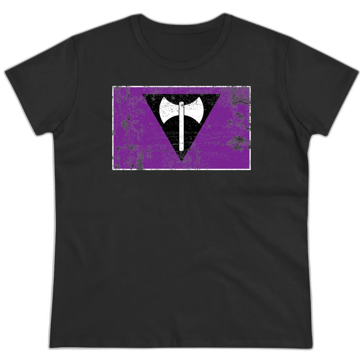 White double-headed axe on vertical cross against black inverted triangle on distressed purple grunge background in Black