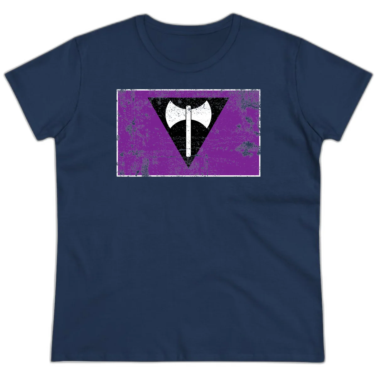 White double-headed axe on vertical cross against black inverted triangle on distressed purple grunge background in Navy