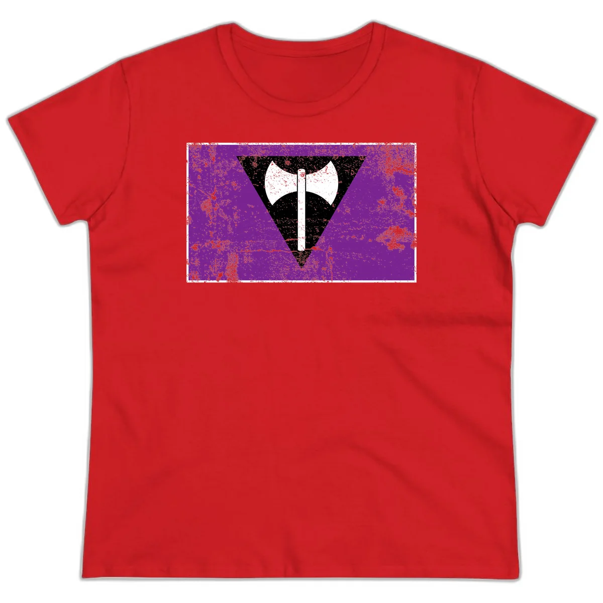 White double-headed axe on vertical cross against black inverted triangle on distressed purple grunge background in Red