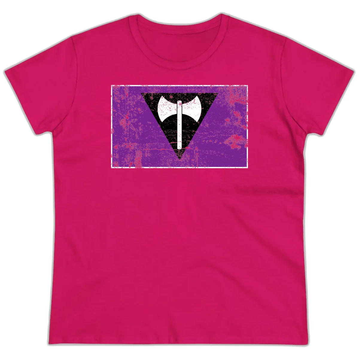 White double-headed axe on vertical cross against black inverted triangle on distressed purple grunge background in Heliconia