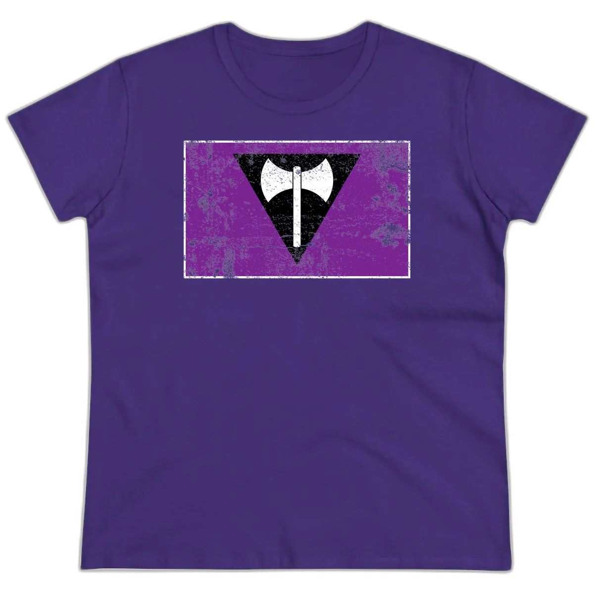 White double-headed axe on vertical cross against black inverted triangle on distressed purple grunge background in Purple