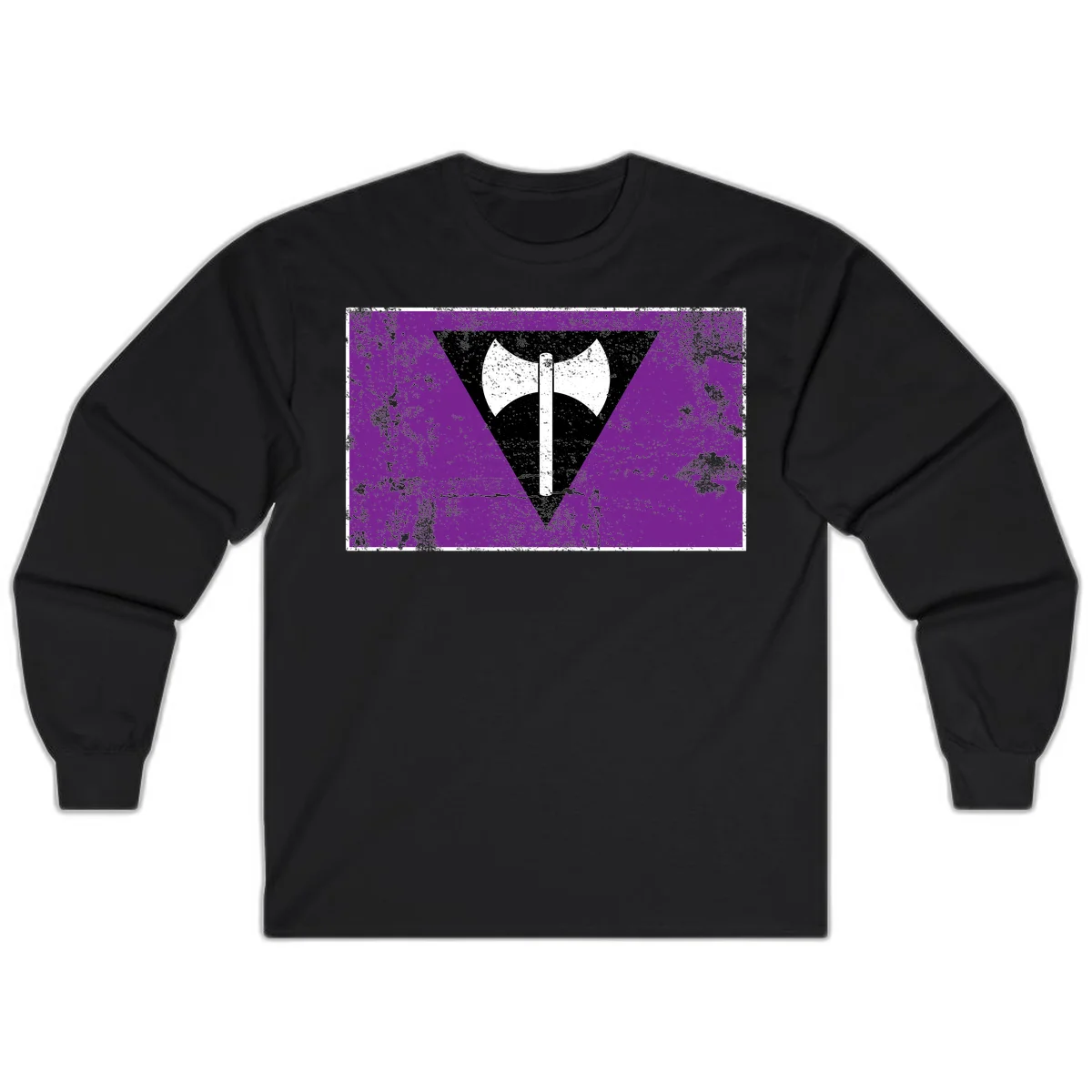 White double-headed axe on vertical cross against black inverted triangle on distressed purple grunge background in Black