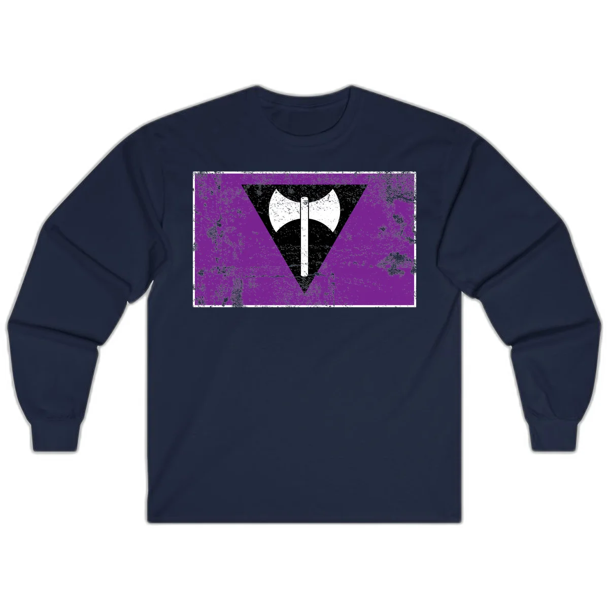 White double-headed axe on vertical cross against black inverted triangle on distressed purple grunge background in Navy