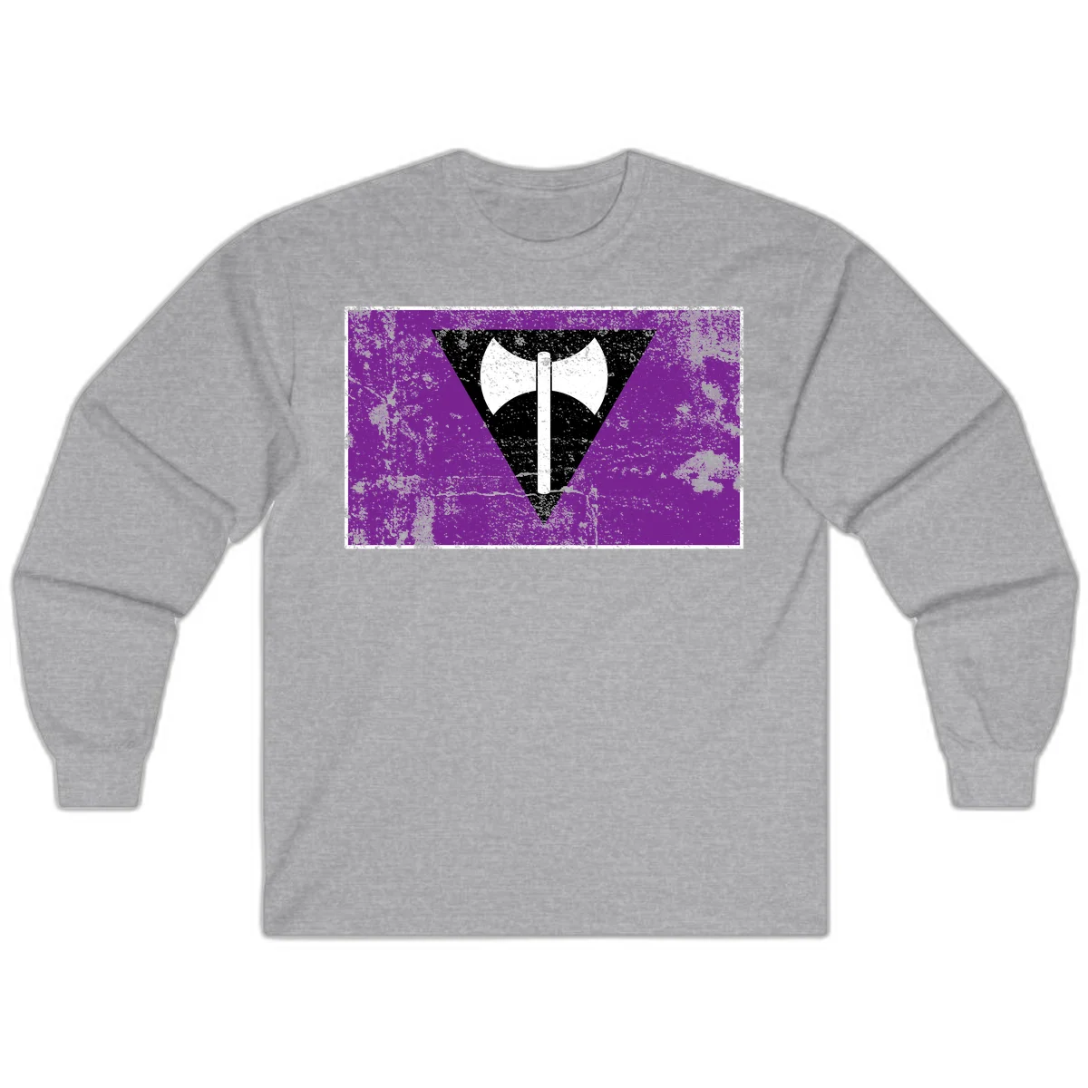White double-headed axe on vertical cross against black inverted triangle on distressed purple grunge background in Sport Grey