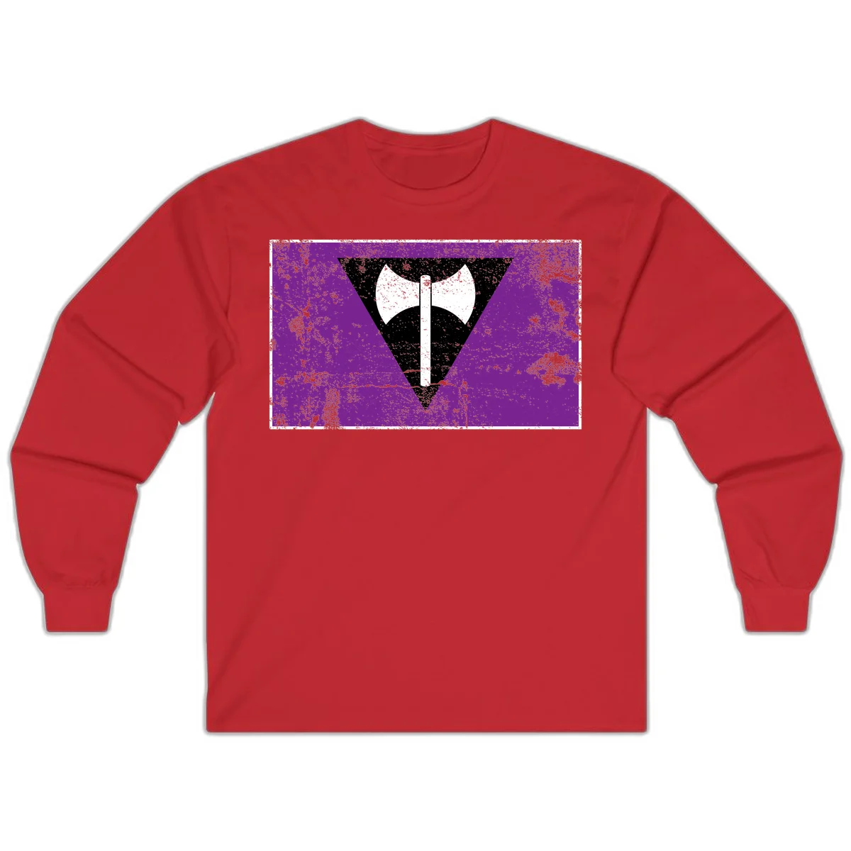 White double-headed axe on vertical cross against black inverted triangle on distressed purple grunge background in Red