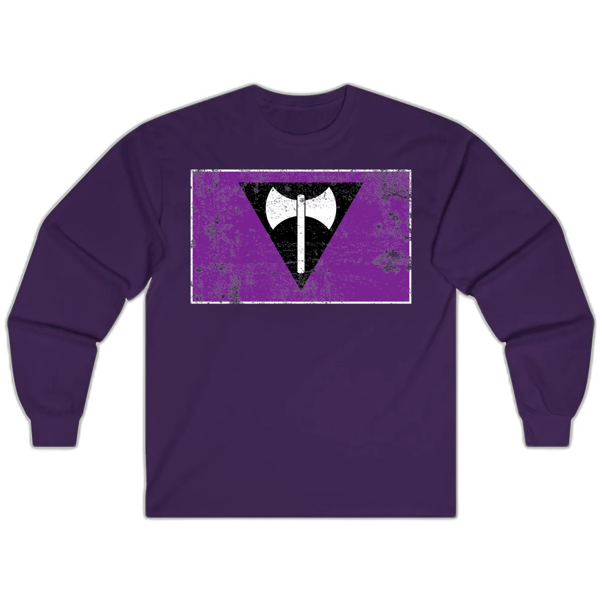 White double-headed axe on vertical cross against black inverted triangle on distressed purple grunge background in Purple