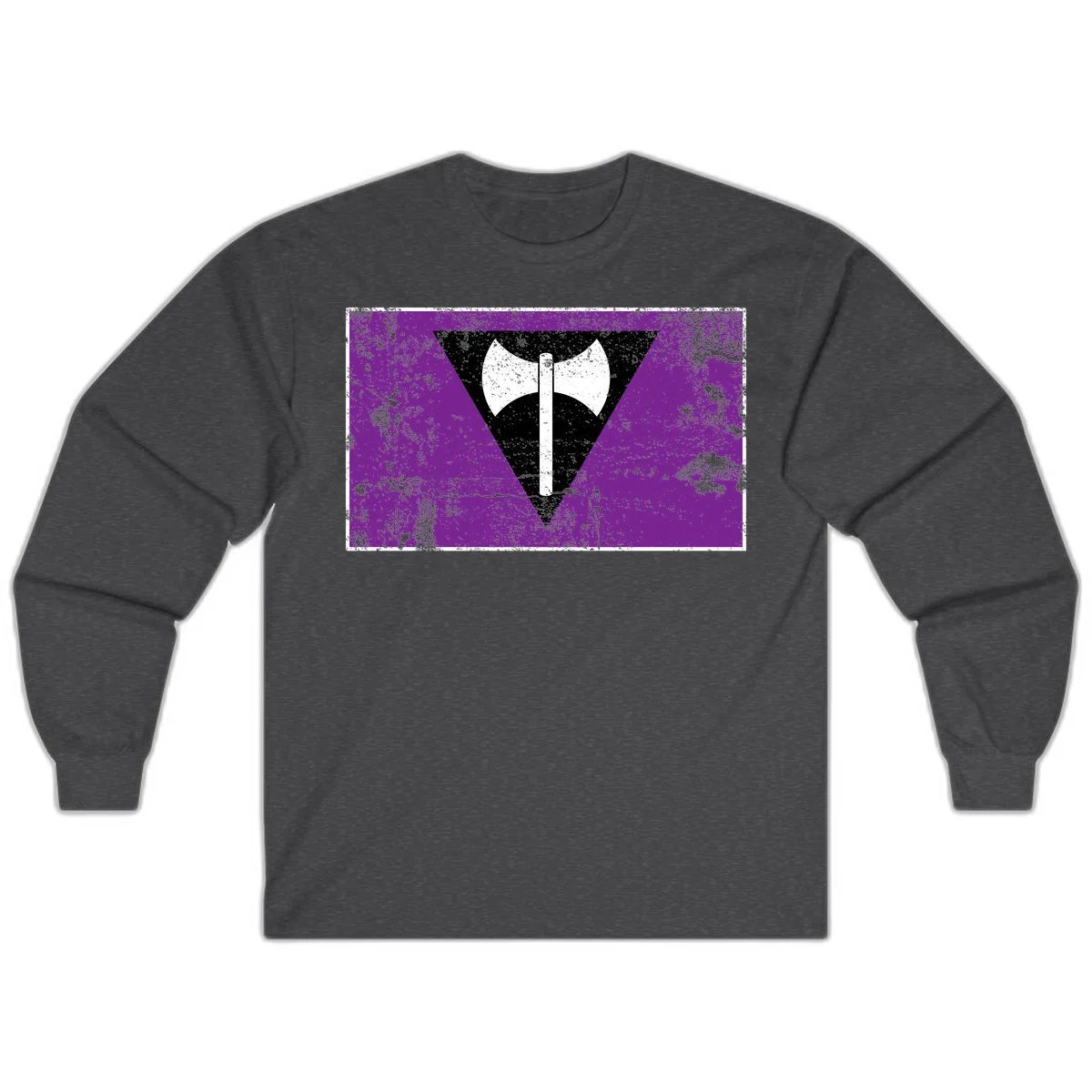 White double-headed axe on vertical cross against black inverted triangle on distressed purple grunge background in Dark Heather