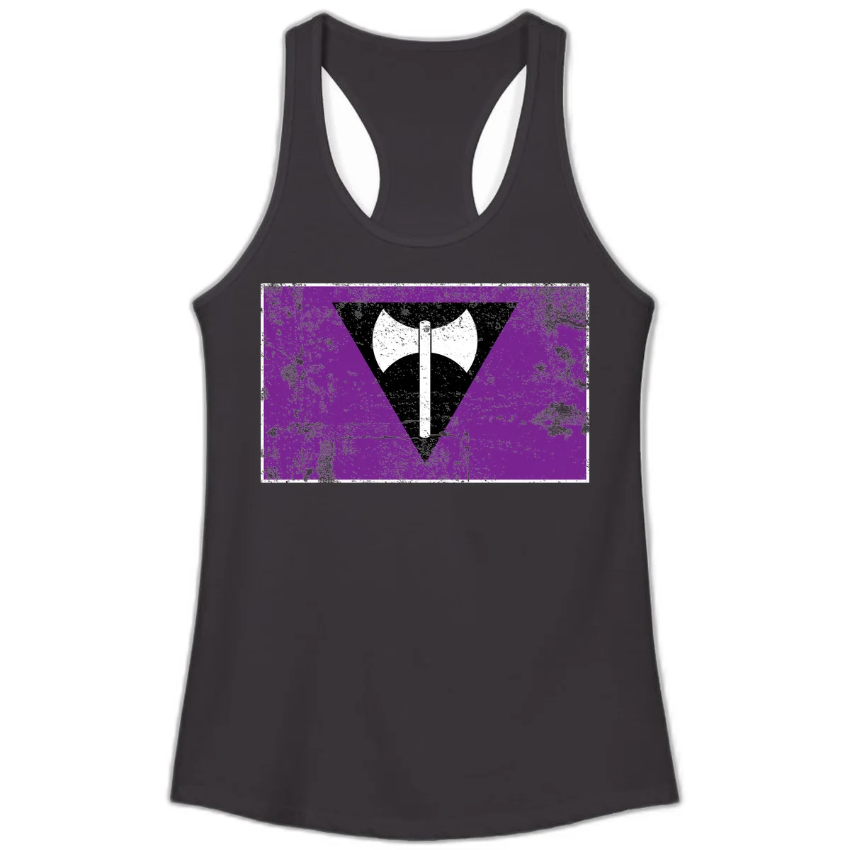 White double-headed axe on vertical cross against black inverted triangle on distressed purple grunge background in Black