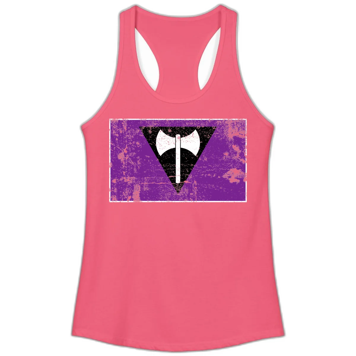 White double-headed axe on vertical cross against black inverted triangle on distressed purple grunge background in Hot Pink