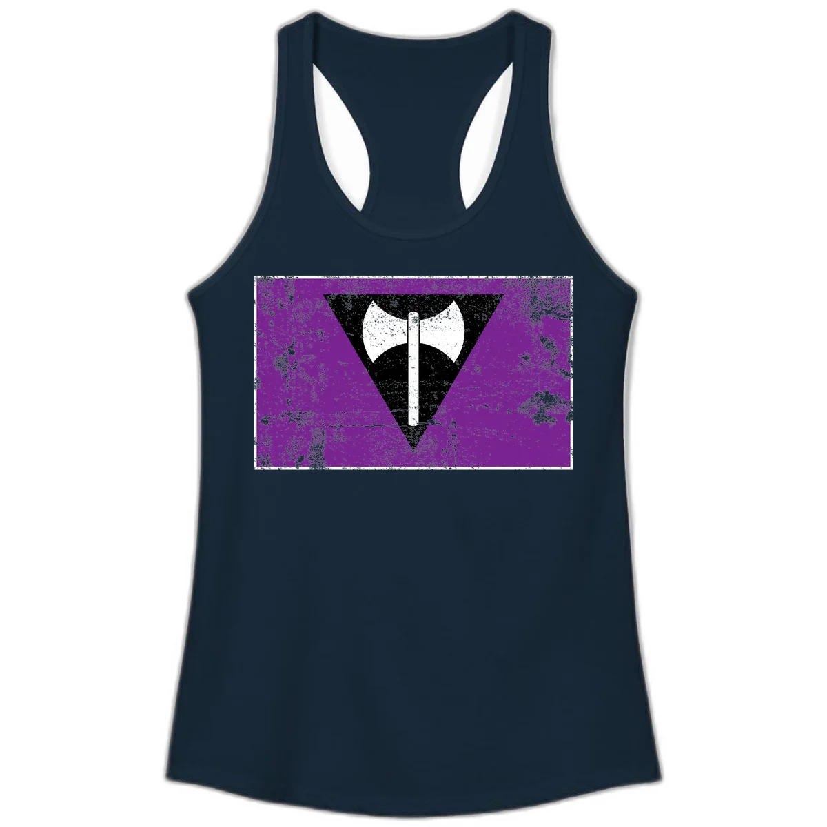 White double-headed axe on vertical cross against black inverted triangle on distressed purple grunge background in Solid Midnight Navy
